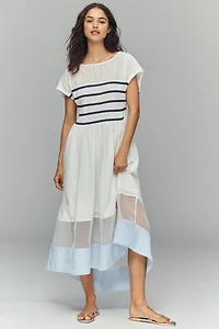 Maeve Smocked Short-Sleeve Sheer Hem Midi Dress