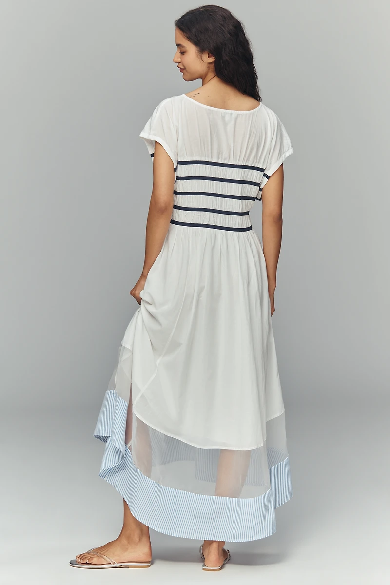 Maeve Smocked Short-Sleeve Sheer Hem Midi Dress