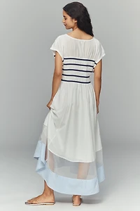 Maeve Smocked Short-Sleeve Sheer Hem Midi Dress