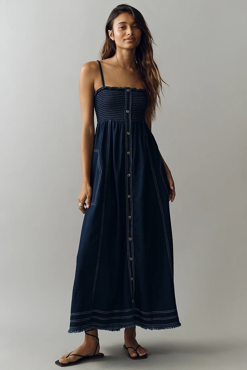 Reese Sleeveless Buttondown Denim Midi Dress by Pilcro