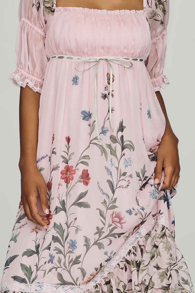 By Anthropologie Puff-Sleeve Ruffle Midi Dress