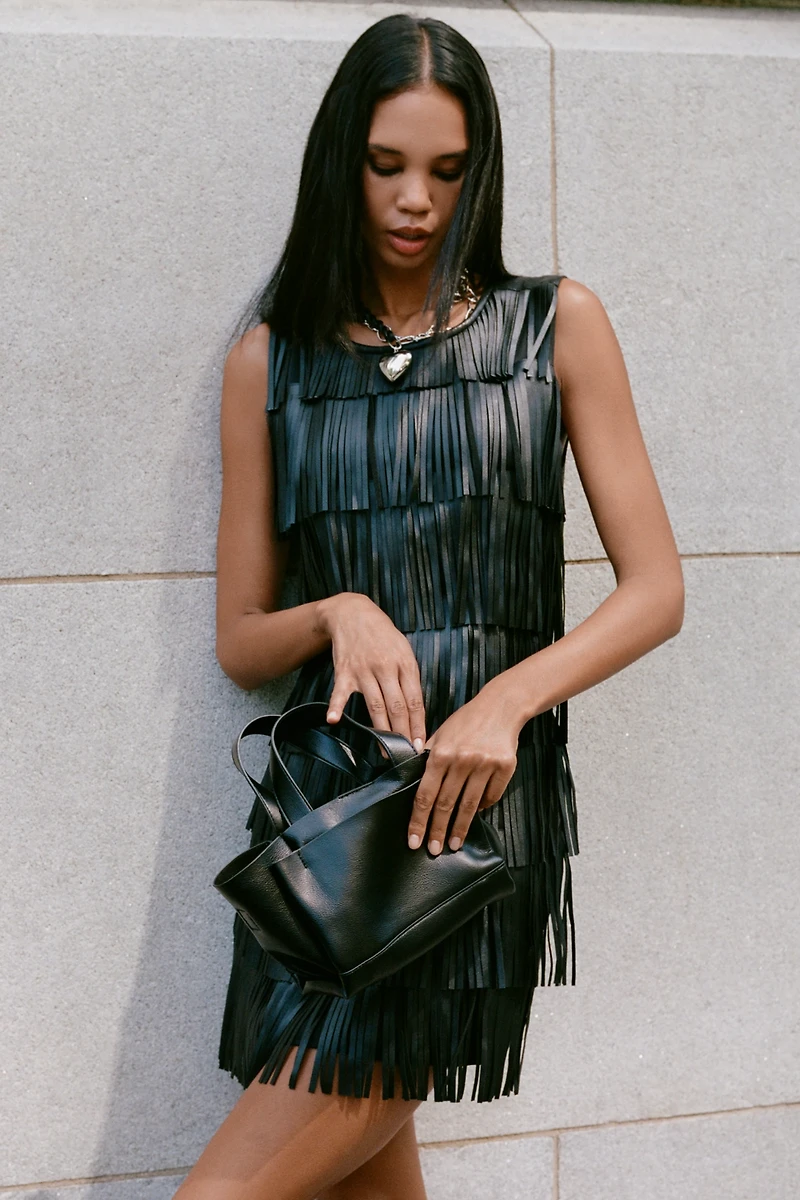 Siempre Faux-Leather Fringe Shift Dress