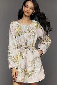 Siempre Long-Sleeve Scoop-Neck Brocade Mini Dress