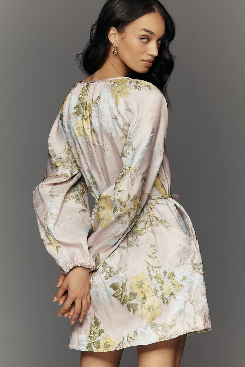 Siempre Long-Sleeve Scoop-Neck Brocade Mini Dress