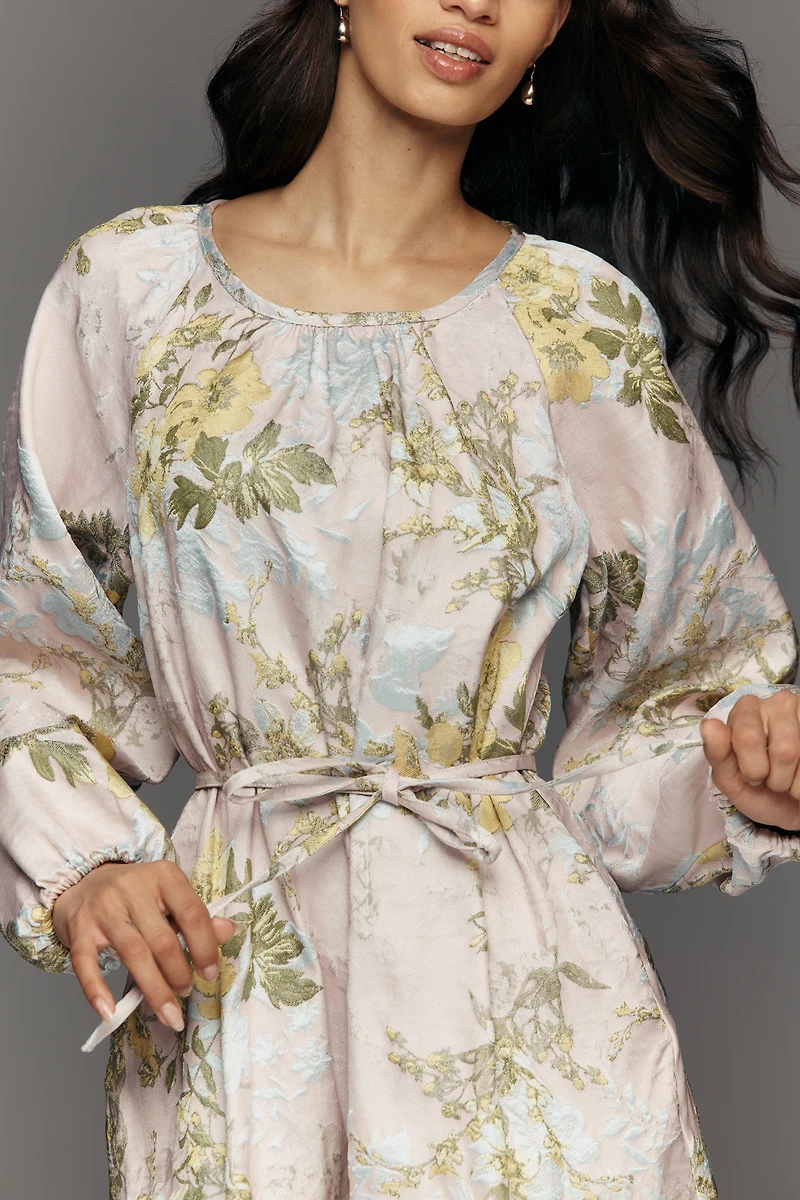 Siempre Long-Sleeve Scoop-Neck Brocade Mini Dress