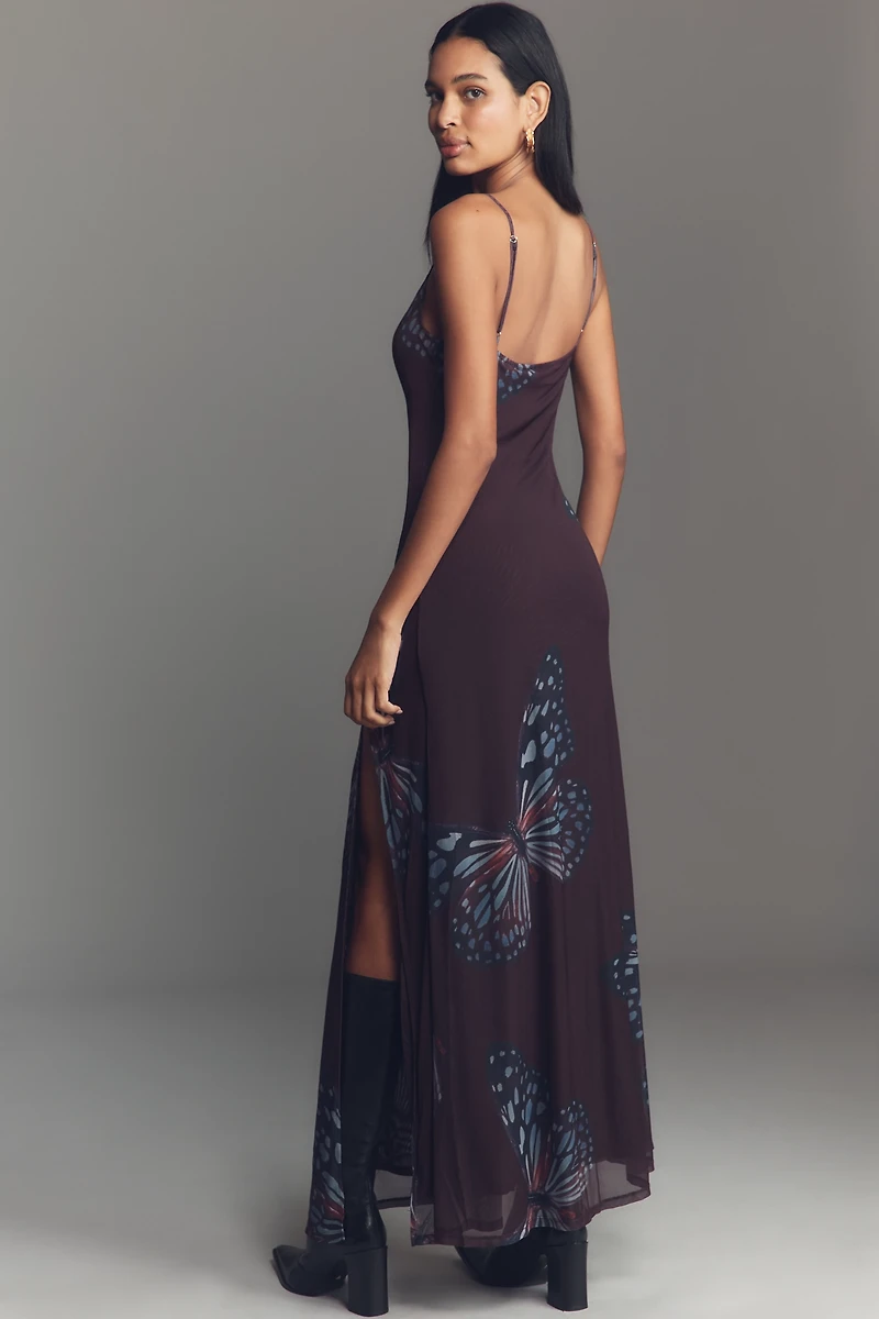 SÆMDI Sleeveless Cowl-Neck Mesh Maxi Dress