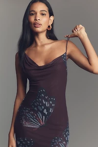SÆMDI Sleeveless Cowl-Neck Mesh Maxi Dress