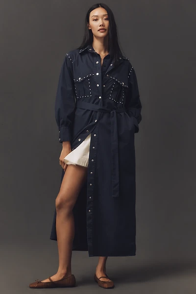 Kinney The Label Ashley Studded Denim Maxi Shirt Dress