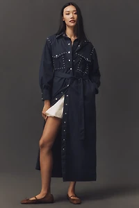 Kinney The Label Ashley Studded Denim Maxi Shirt Dress