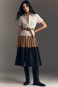 Maude Club Carmen Short-Sleeve Belted Buttondown Midi Dress