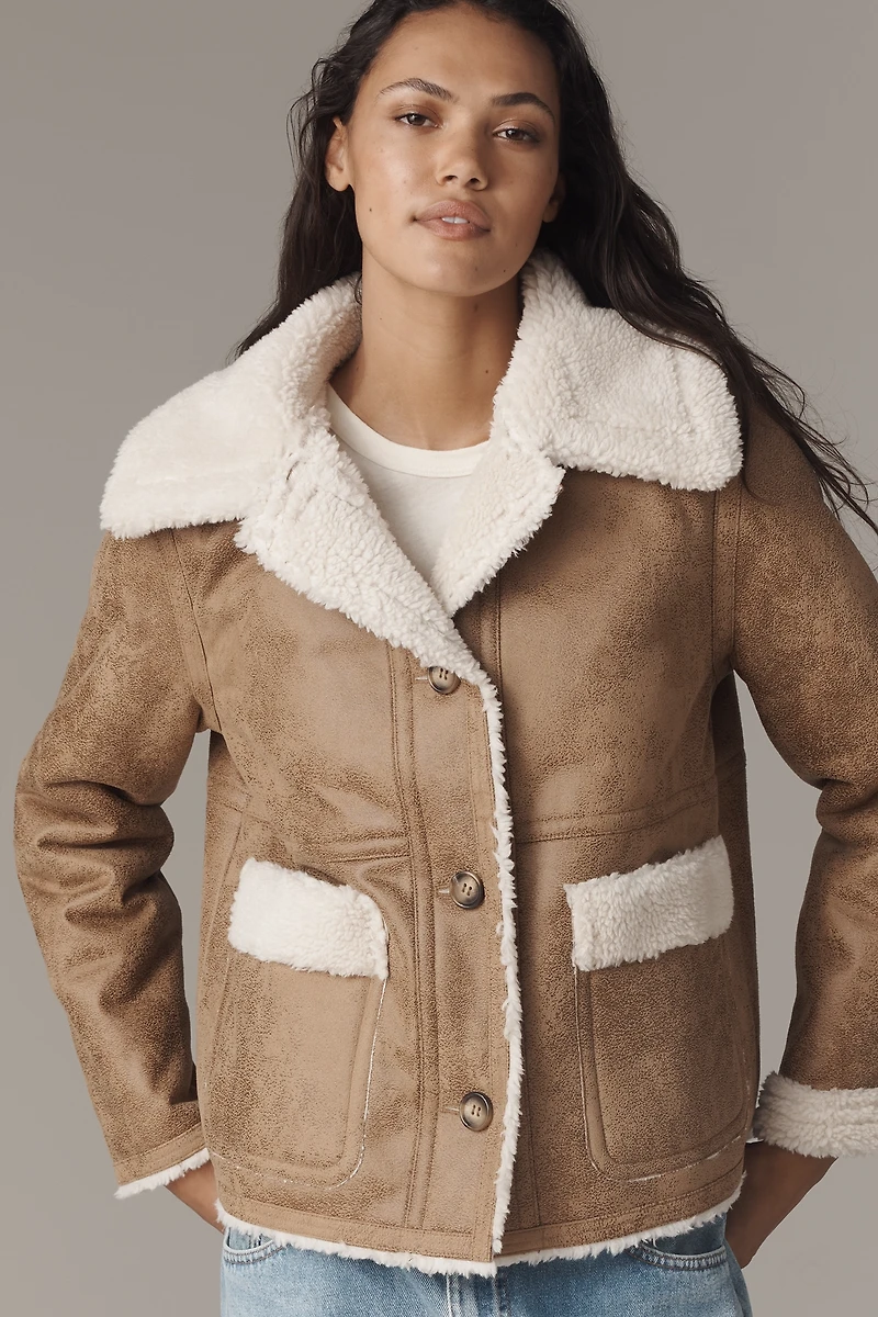 Bernardo Distressed Faux-Suede Sherpa Fleece Jacket