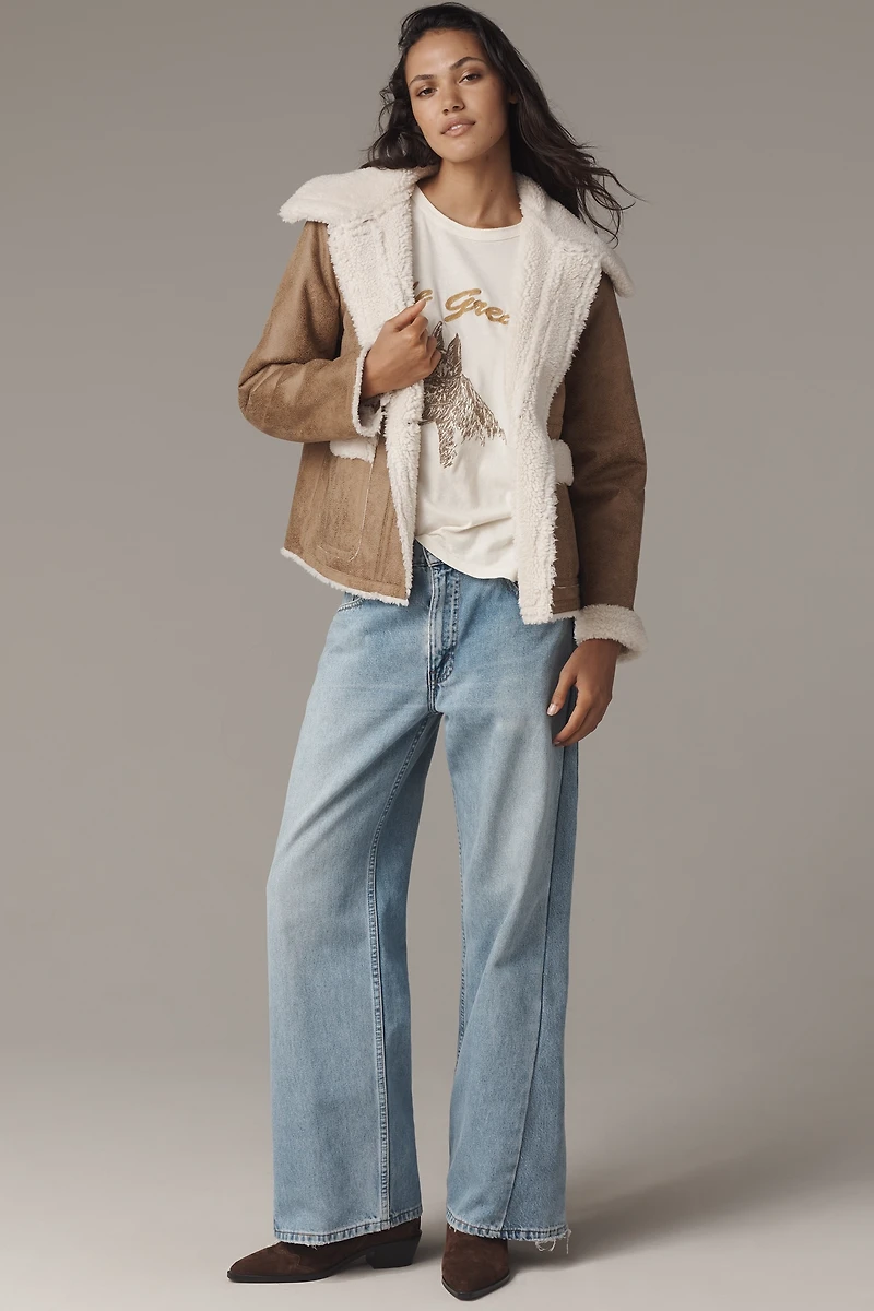 Bernardo Distressed Faux-Suede Sherpa Fleece Jacket