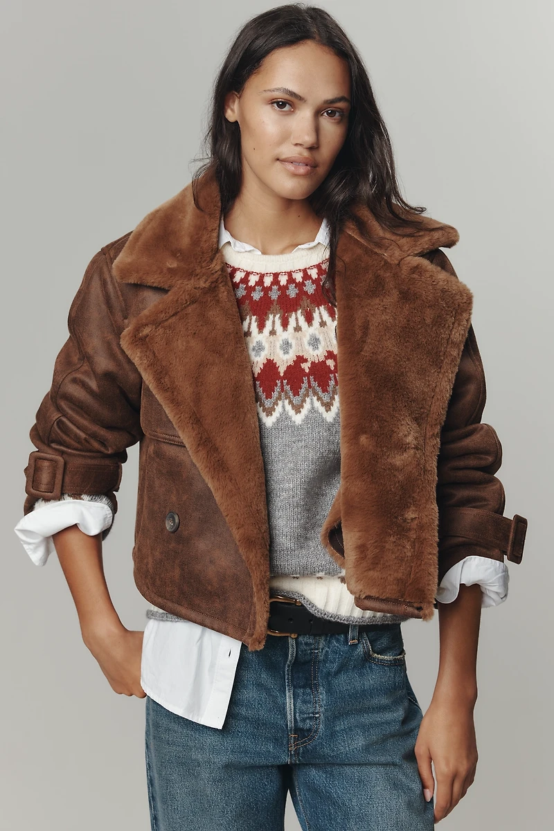 Bernardo Distressed Faux-Shearling Crop Trench Coat