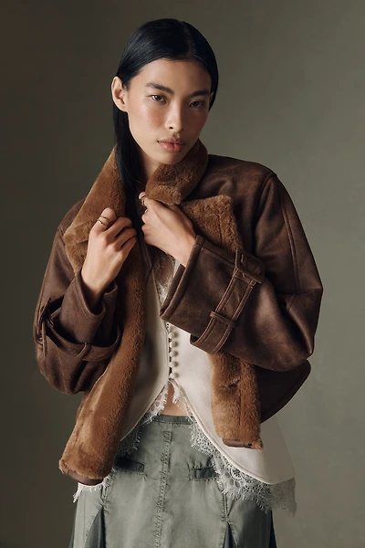 Bernardo Distressed Faux-Shearling Crop Trench Coat