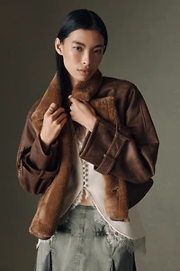 Bernardo Distressed Faux-Shearling Crop Trench Coat