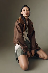 Bernardo Distressed Faux-Shearling Crop Trench Coat