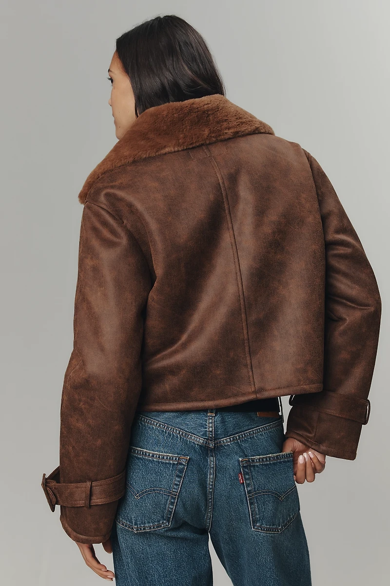 Bernardo Distressed Faux-Shearling Crop Trench Coat