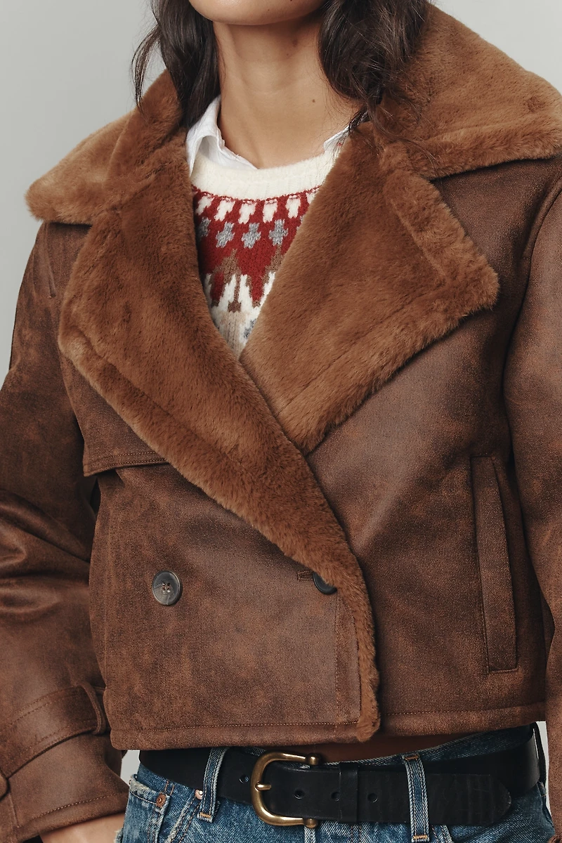 Bernardo Distressed Faux-Shearling Crop Trench Coat
