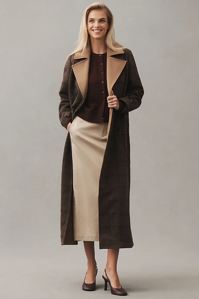 Avec Les Filles Belted Plaid Long Coat