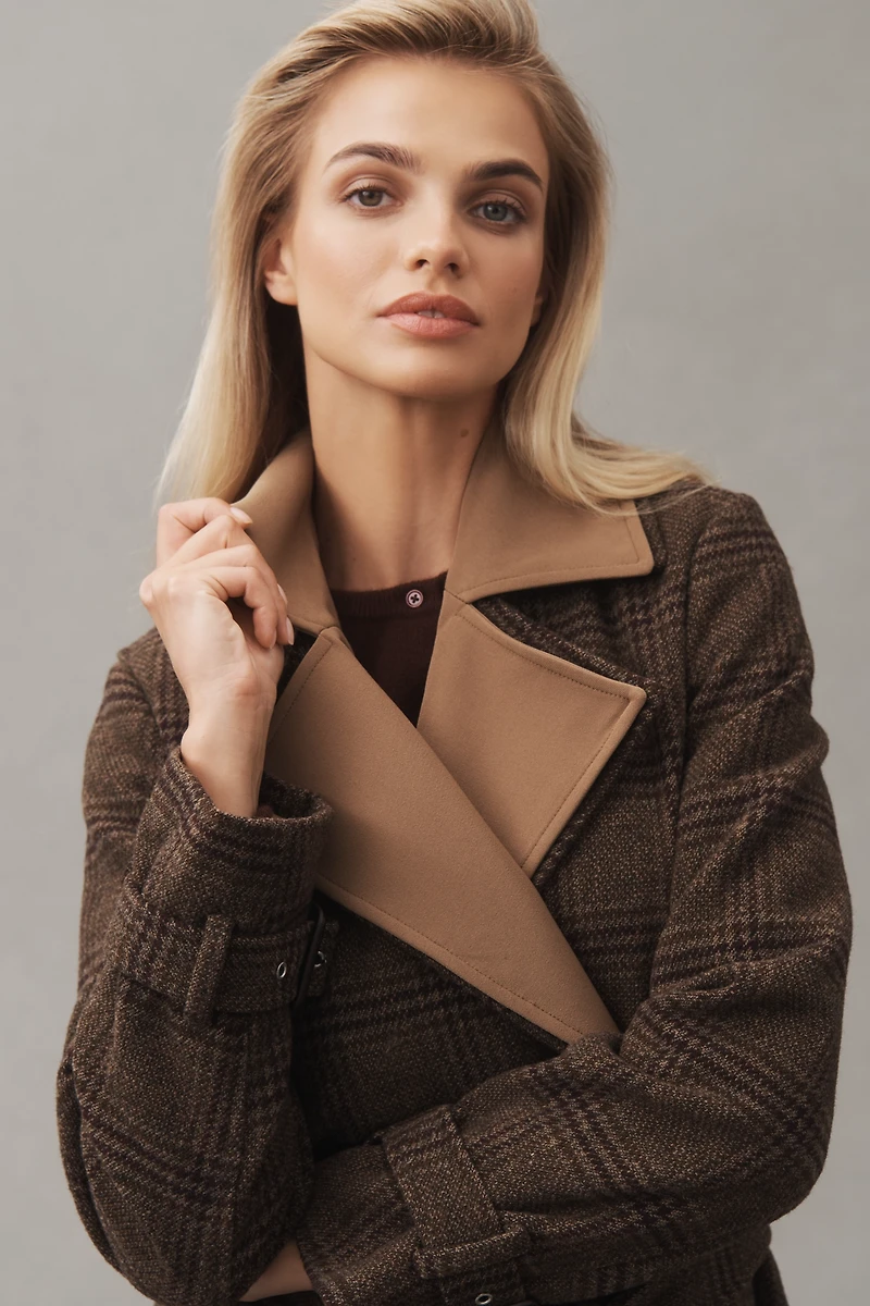 Avec Les Filles Belted Plaid Long Coat