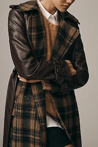 Avec Les Filles Faux-Leather Oversized Plaid Trench Coat
