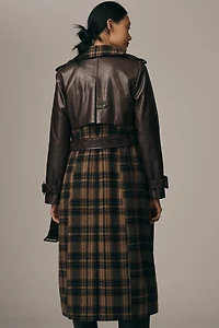 Avec Les Filles Faux-Leather Oversized Plaid Trench Coat