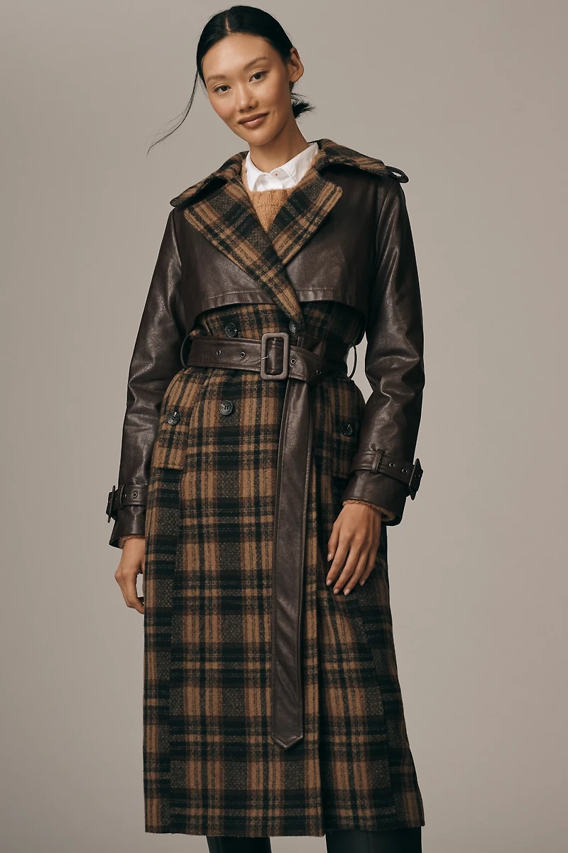 Avec Les Filles Faux-Leather Oversized Plaid Trench Coat