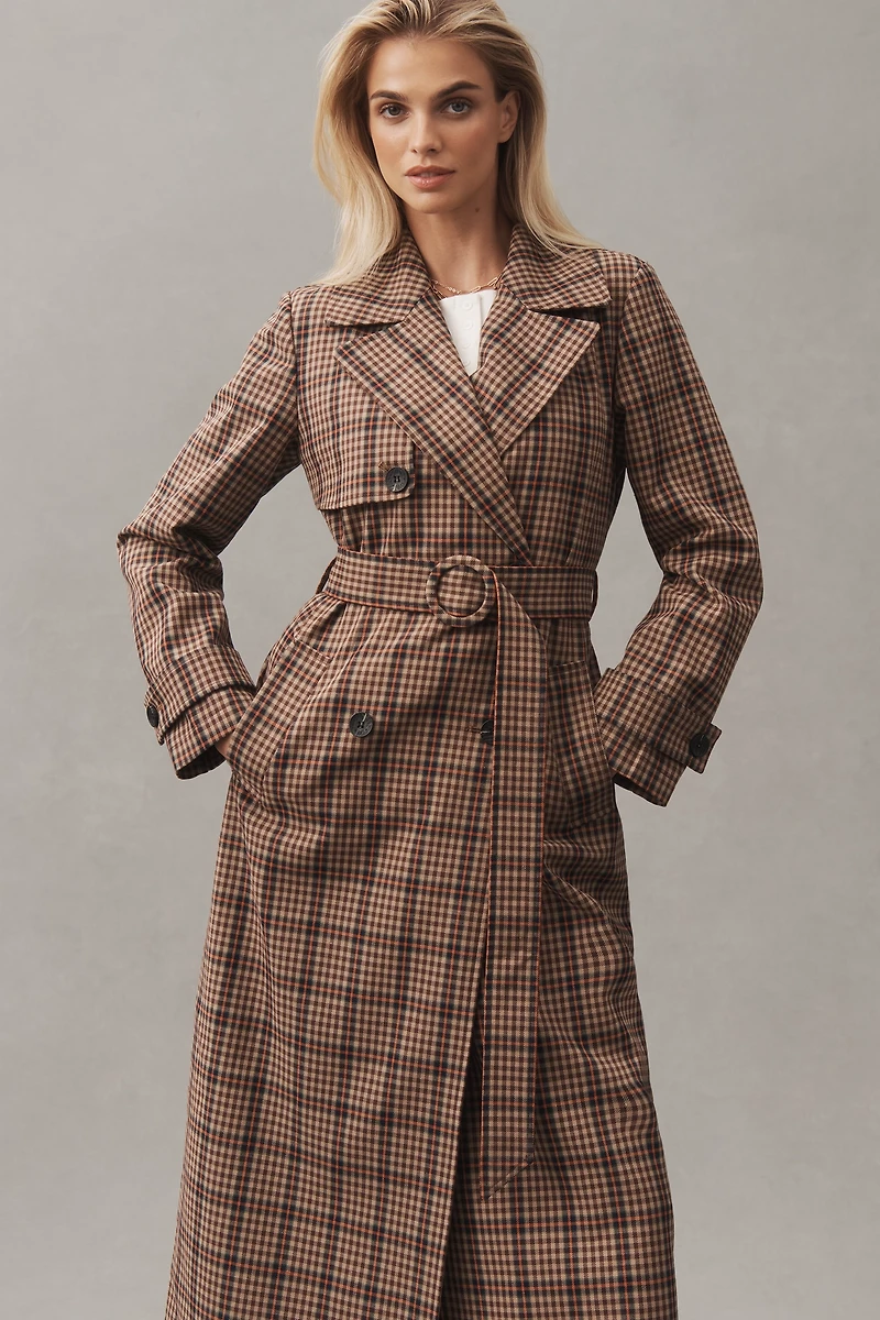 Avec Les Filles Belted Plaid Trench Coat