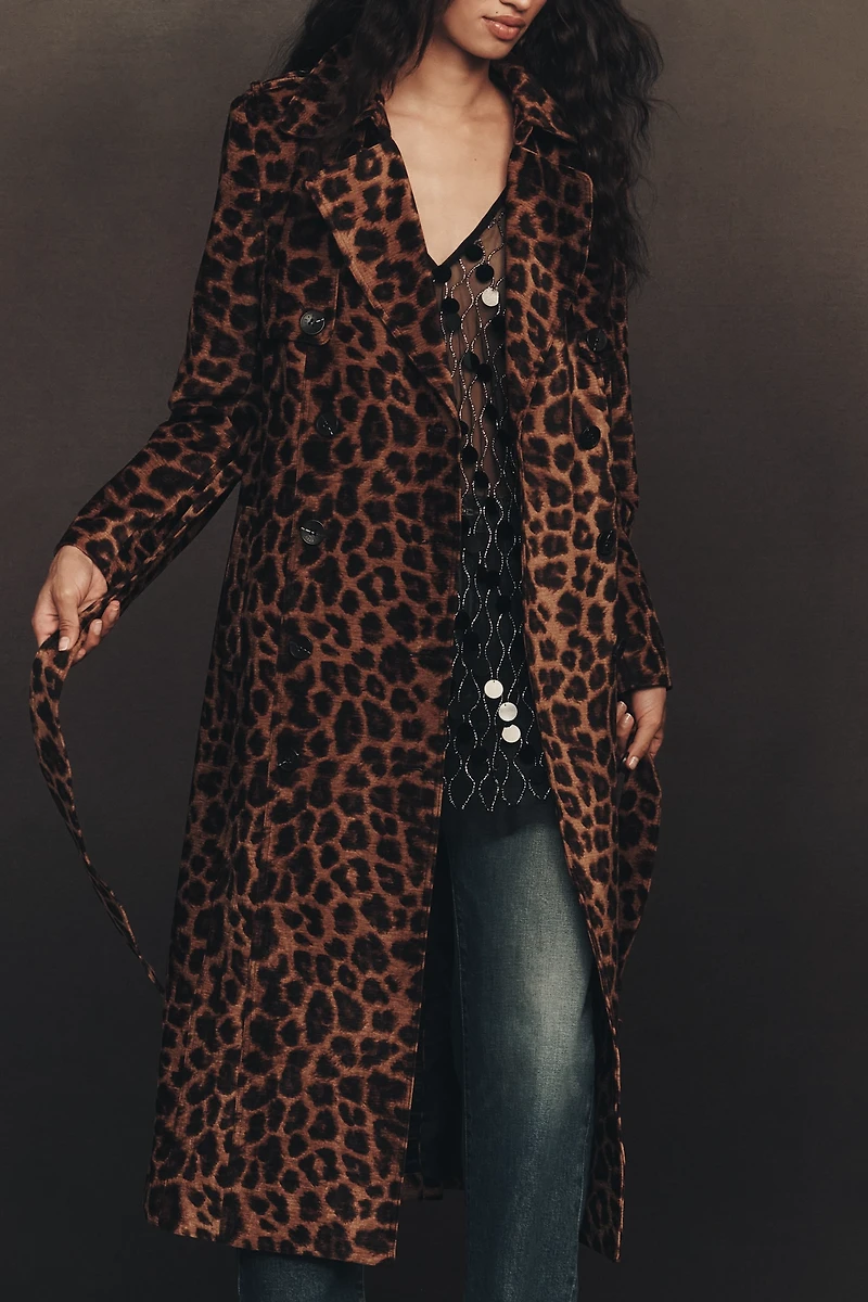 Avec Les Filles Flocked Velvet Animal Print Trench Coat