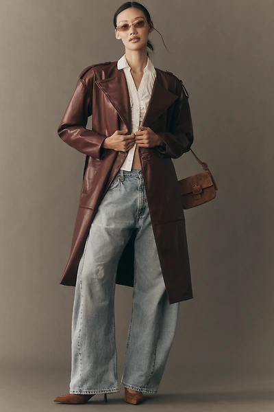 NVLT Faux-Leather Belted Trench Coat