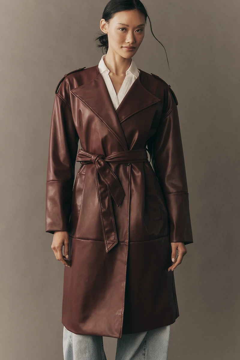 NVLT Faux-Leather Belted Trench Coat