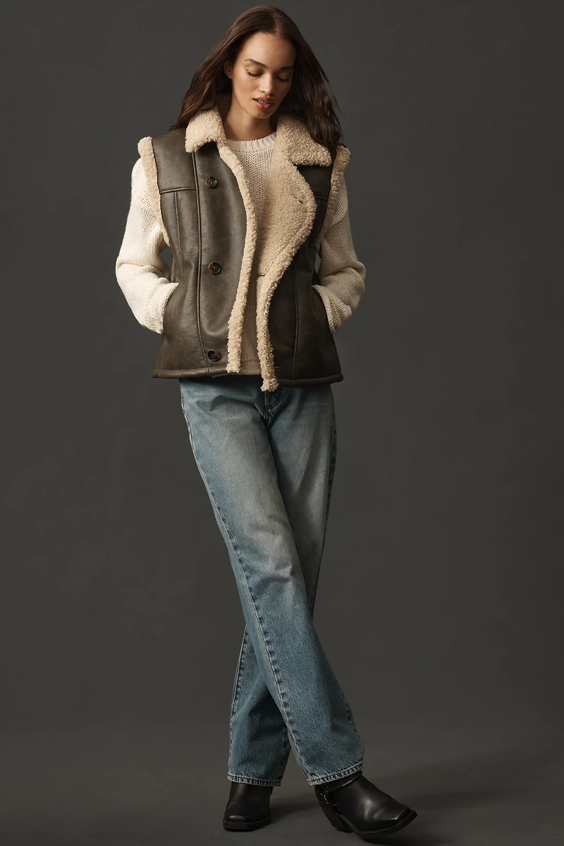 By Anthropologie Faux-Leather Sherpa Fleece-Lined Vest