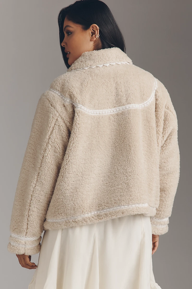 By Anthropologie Sherpa Fleece Lace-Trim Crop Jacket