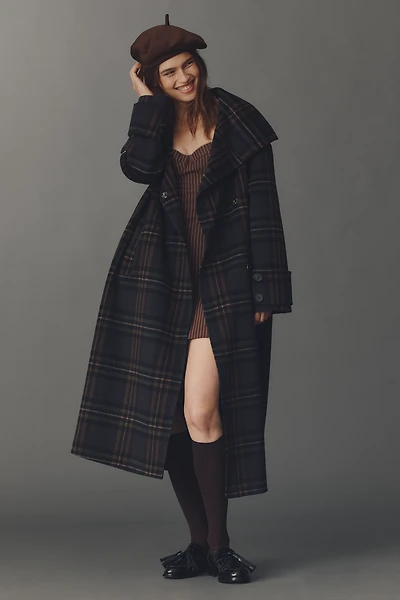 By Anthropologie Wool Blend Check Funnel-Neck Coat
