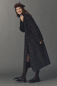 By Anthropologie Wool Blend Check Funnel-Neck Coat