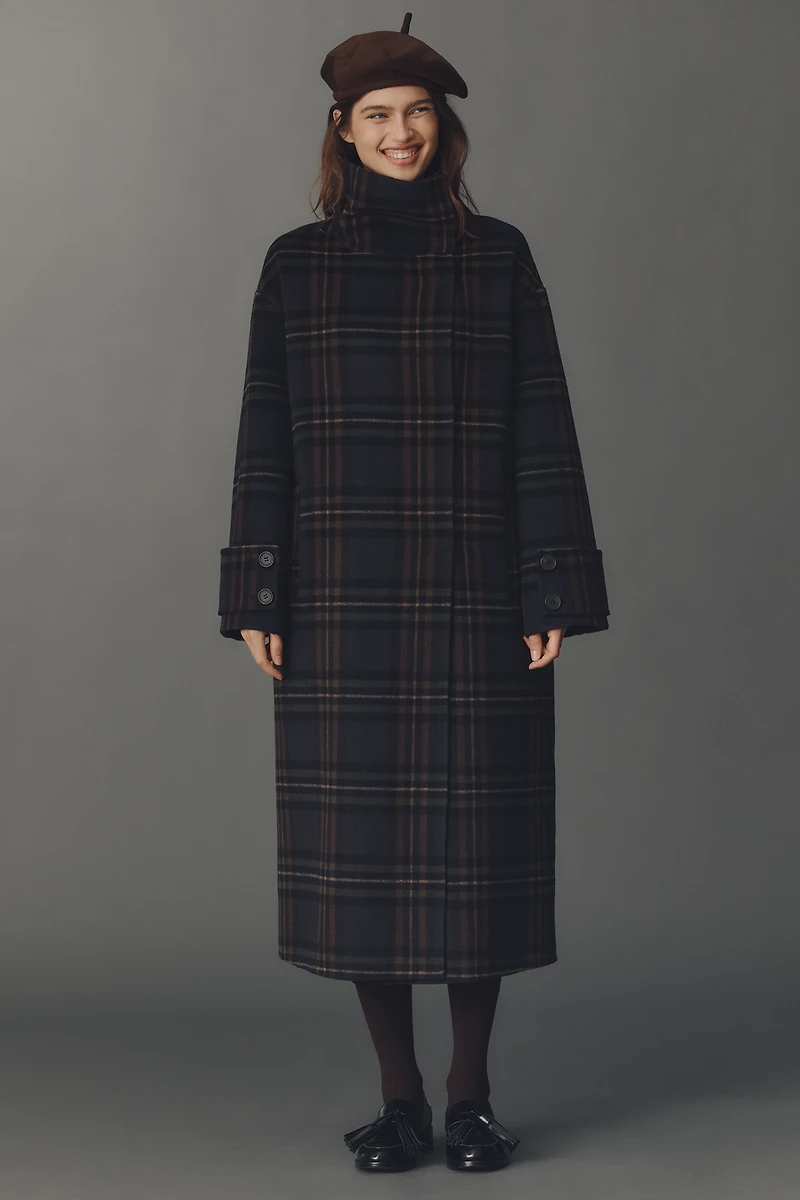By Anthropologie Wool Blend Check Funnel-Neck Coat
