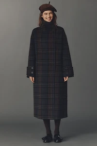 By Anthropologie Wool Blend Check Funnel-Neck Coat