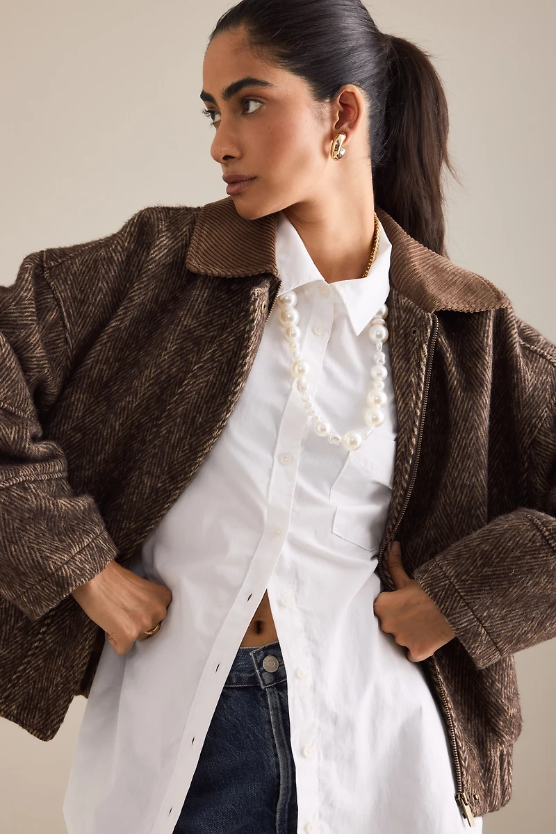 By Anthropologie Herringbone Bomber Jacket