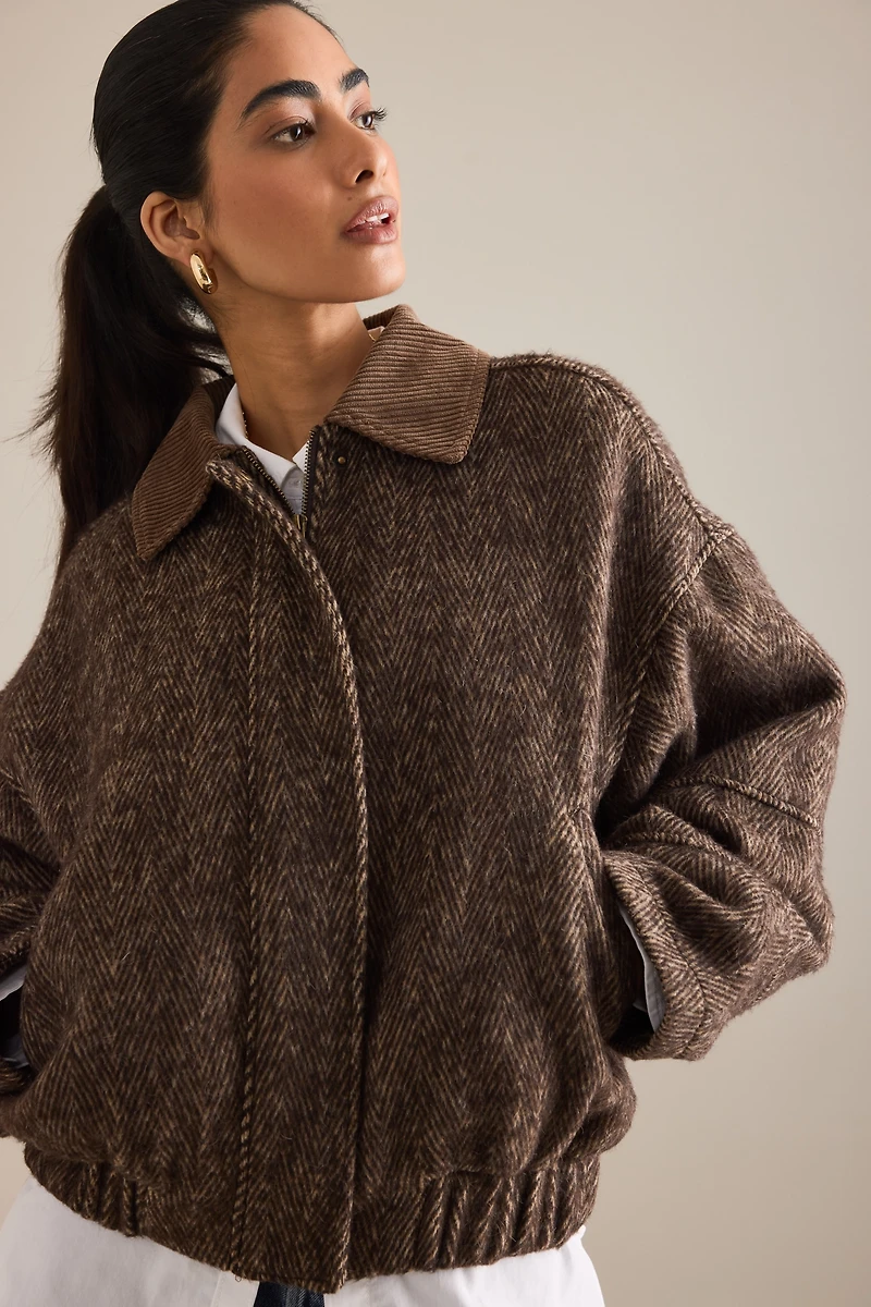 By Anthropologie Herringbone Bomber Jacket