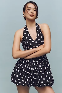Maeve Polka Dot Halter V-Neck Bubble-Hem Romper