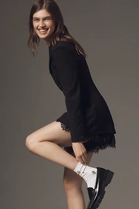 By Anthropologie Long-Sleeve Tuxedo Lace-Hem Romper