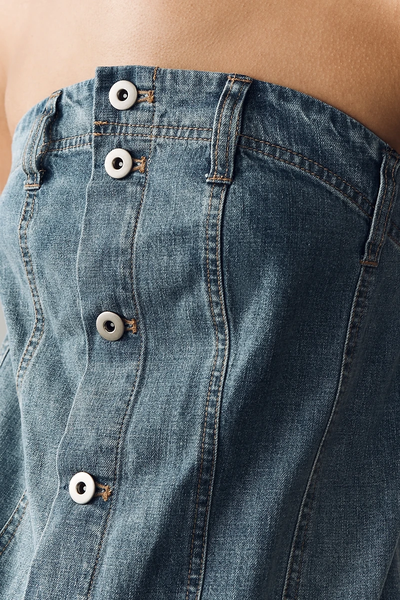 Pilcro Strapless Button-Front Denim Romper