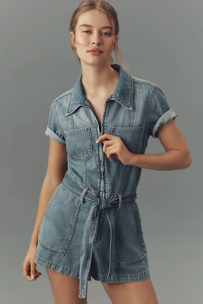 Good American Fit For Success Lite Linen Short-Sleeve Denim Romper