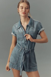 Good American Fit For Success Lite Linen Short-Sleeve Denim Romper