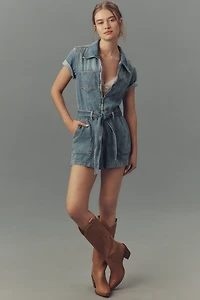 Good American Fit For Success Lite Linen Short-Sleeve Denim Romper