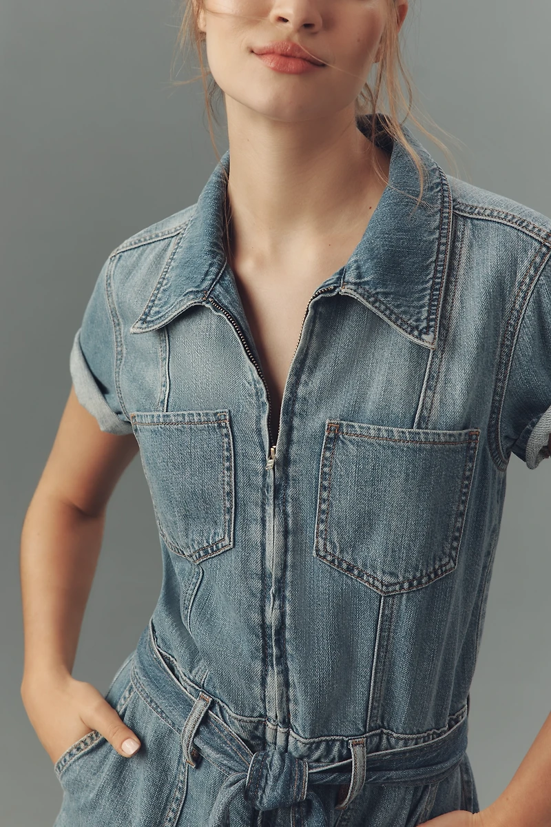 Good American Fit For Success Lite Linen Short-Sleeve Denim Romper