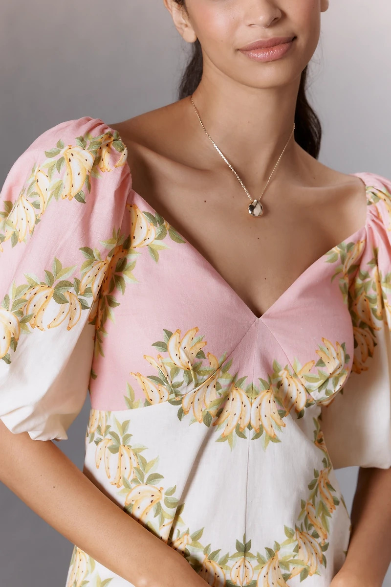 Farm Rio x Anthropologie V-Neck Puff-Sleeve Linen Blend Romper