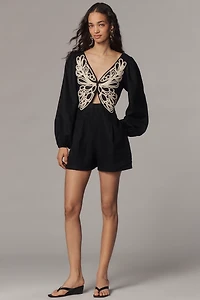 Farm Rio x Anthropologie Embroidered Long-Sleeve Romper