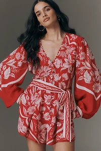 Anthropologie x Farm Rio Belted V-Neck Balloon-Sleeve Romper