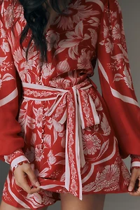 Anthropologie x Farm Rio Belted V-Neck Balloon-Sleeve Romper